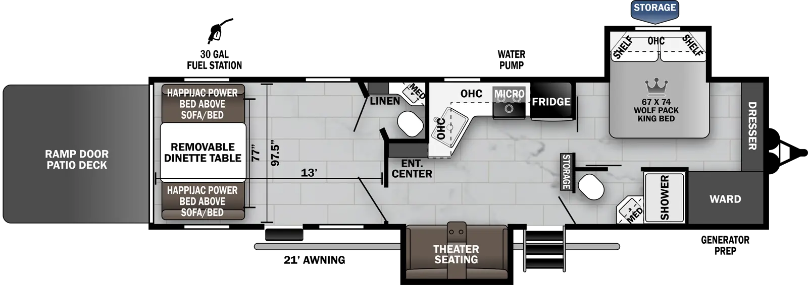 The 32PACK13 has two slideouts and two entries. Exterior features storage, generator prep, water pump, 21 foot awning, 30 gallon fuel station, and ramp door with patio deck. Interior layout front to back: bedroom with front dresser, door side wardrobe, off-door side Wolf Pack King Bed Slideout with overhead cabinet and shelves, and full pass through bathroom with medicine cabinet on door side; storage along inner wall; off-door side refrigerator, kitchen counter with cooktop wraps to inner wall with sink, overhead cabinet and microwave; door side entry, and theater seating slideout; entertainment center along inner wall; off-door side half bathroom with linen closet and medicine cabinet; rear garage with second entry, and rear opposing happijac power beds above sofa/bed with removeable dinette table. Garage Dimensions: 13 foot rear to main living area wall; 77 inches between folded happijacs, 97.5 inches wall to wall.